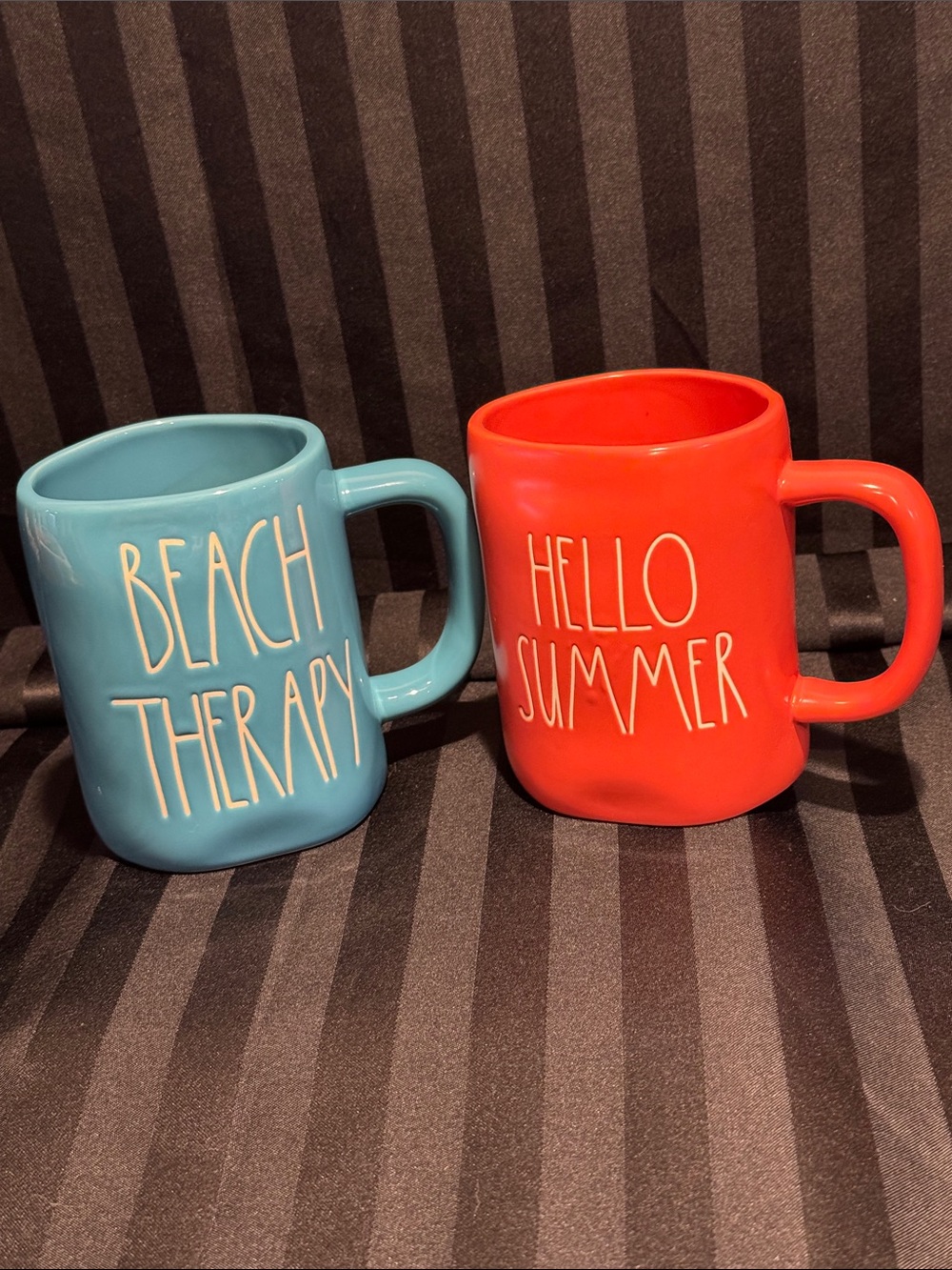 Rae Dunn "Beach Therapy" & "Hello Summer" Ceramic Mugs - Aqua Blue and Orange